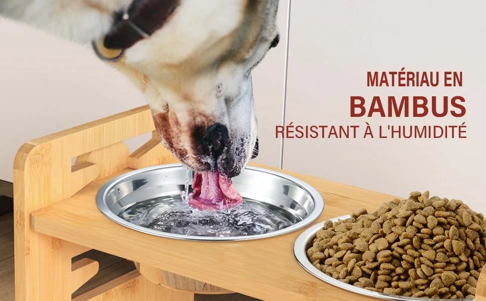 Maßgefertigter Erhöhter Bambus-Futterautomat für Katzen und Hunde mit 2 Edelstahlschüsseln – Detail 4