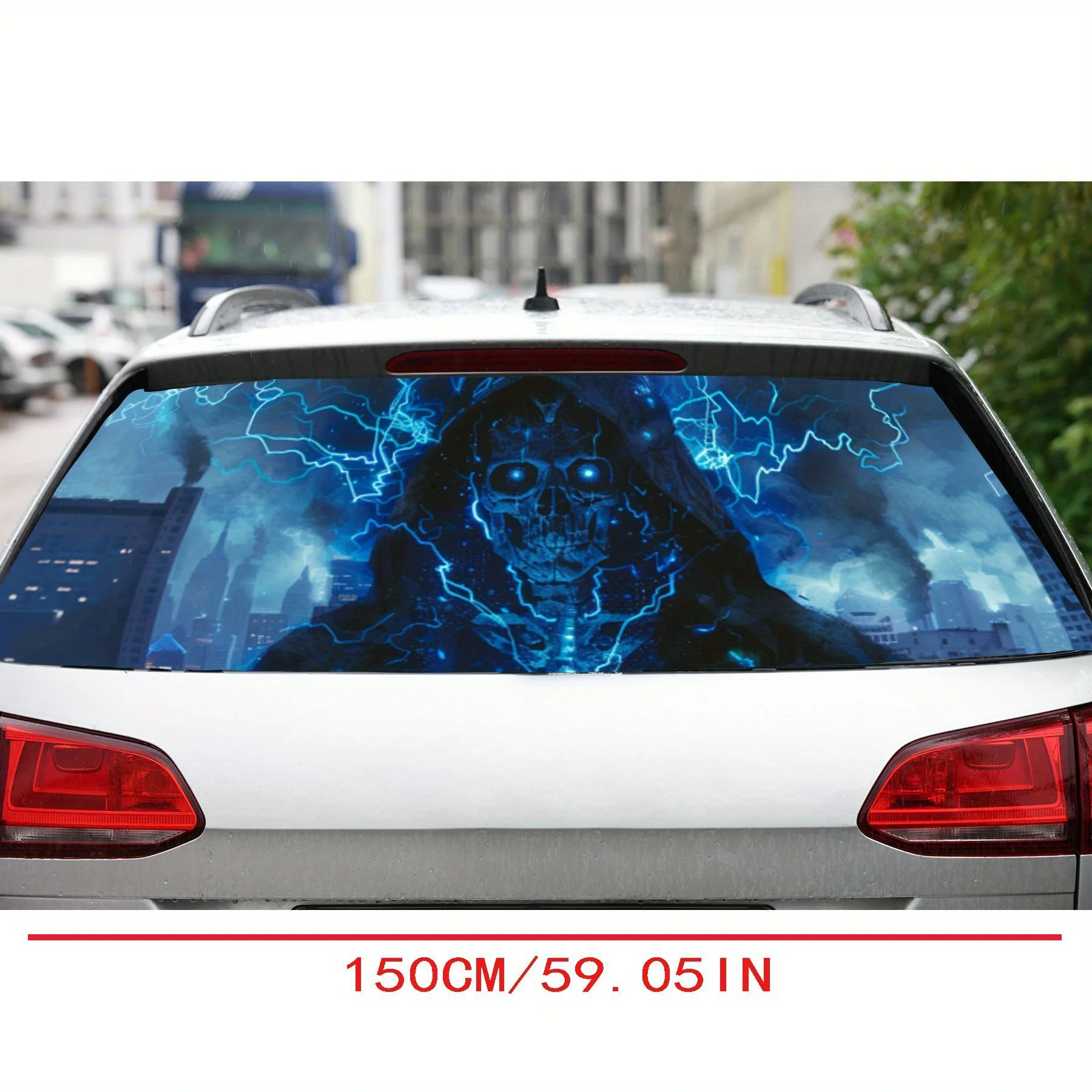 Electric Glow Ghost Skull Print PVC Perforated Car Vinyl Wraps, Durable Car Rear Windshield Sticker, Waterproof Car Rear Window