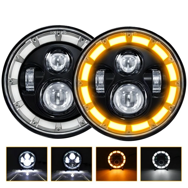 Round 7 Inch LED Headlight, LED Headlamp Offroad Light With High Low Beam DRL Turn Signal For Car Motorcycle