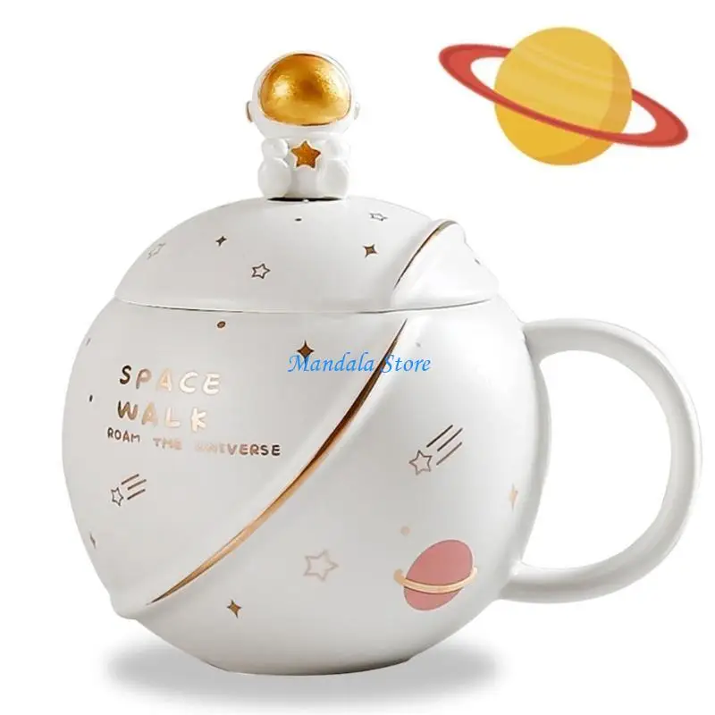 U2JC 400ML Astronaut Coffee Cup Space Mug Ceramic Water Cup with Lid and Spoon