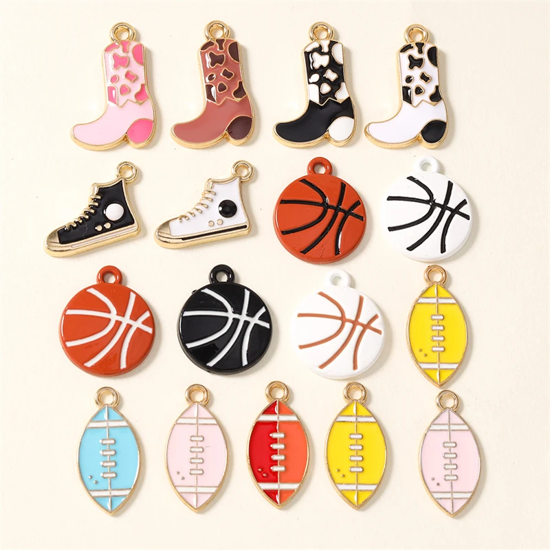 10 Stück niedliche Sport-Charms, Emaille-Rugby- und Basketball-Schuh-Charms für die Schmuckherstellung, Ohrringe, Anhänger, Halsketten, DIY-Bastelzubehör – Detail 1