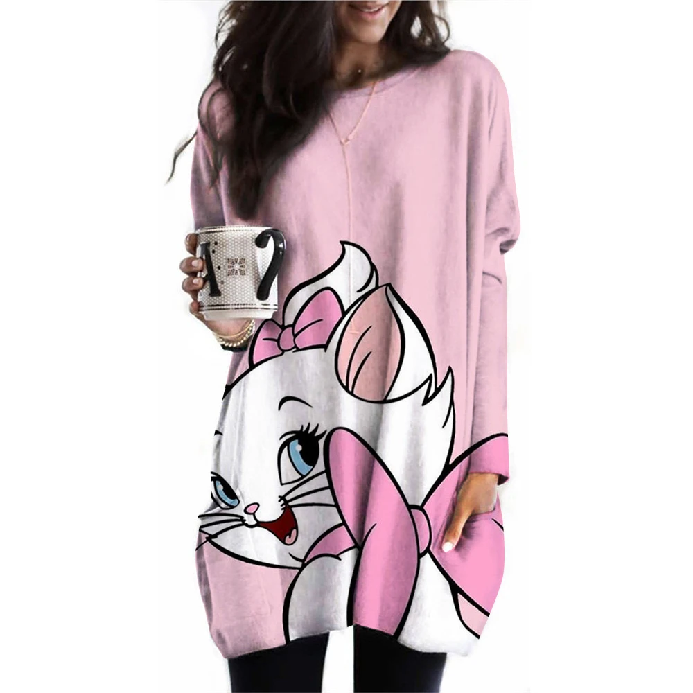 Funny Disney cartoon Mary Cat printLong Sleeves T shirts Fall Cotton Crewneck Women's T-shirts Fashion Women Clothing Pullover