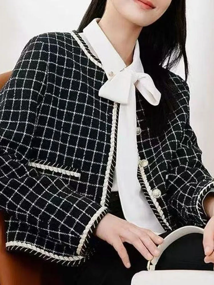 New small fragrance style French style socialite temperament patchwork color blocking plaid tweed short jacket women