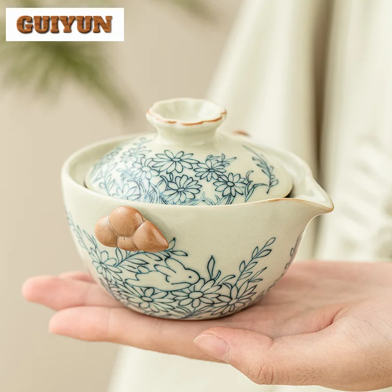 Handmade Sunflower Ceramic Teaware Cute Rabbit Wu Kiln Pot Tea Maker Kettle With Filter Gass Tea Tray Teapot And Teacup Set Gift