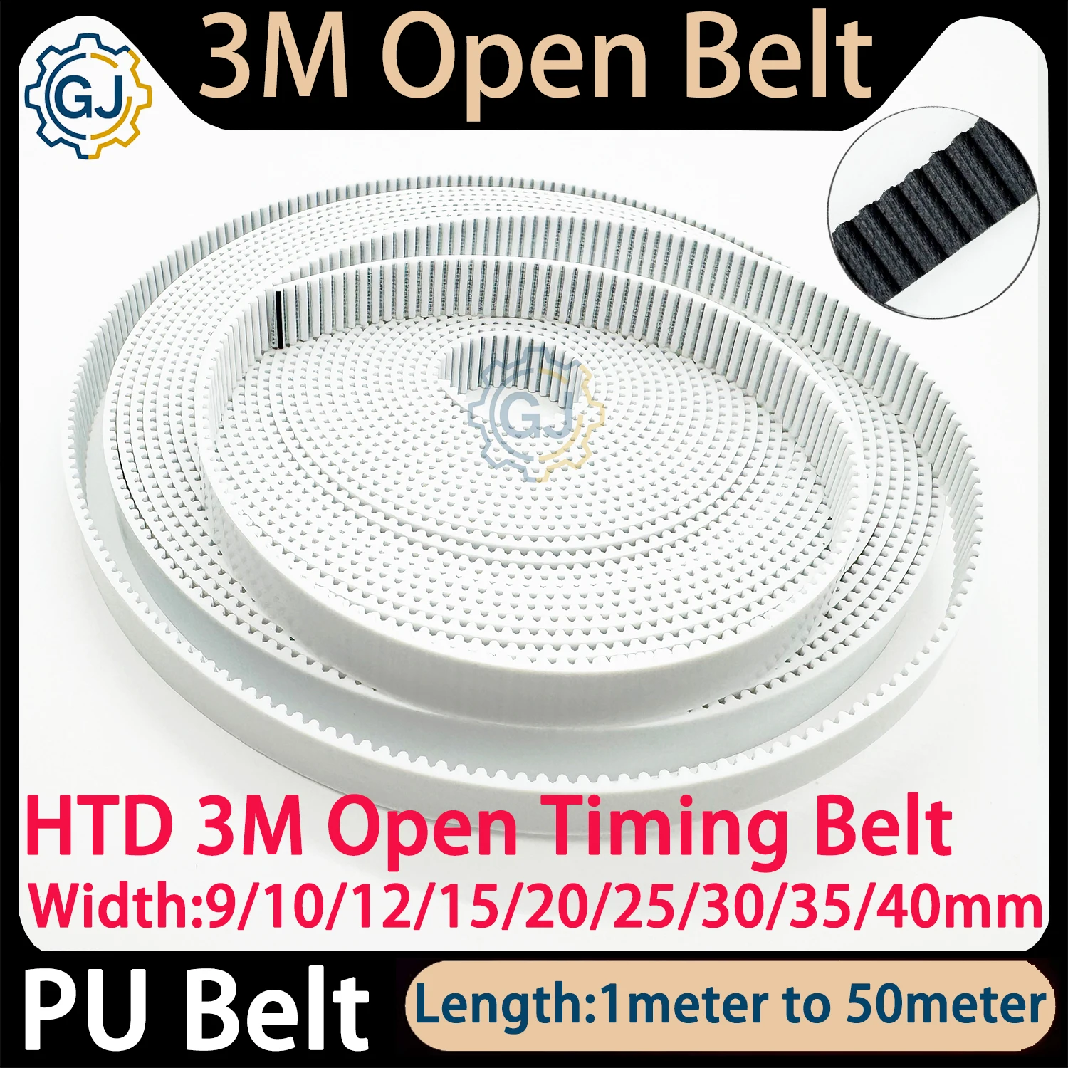 PU HTD 3M White Polyurethane Steel PU Belt HTD3M Open Timing Belt Width 9/10/15/20/30/40mm HTD 3M Belt Open Synchronous Belt 3M