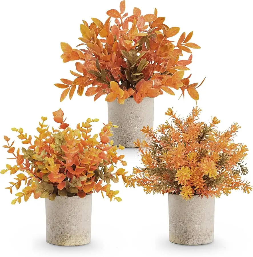 

3 Pack Fall Mini Potted Fake Plants Artificial Plastic Eucalyptus Plants Topiaries Fall Decorations for Home Office Desk Farmhou