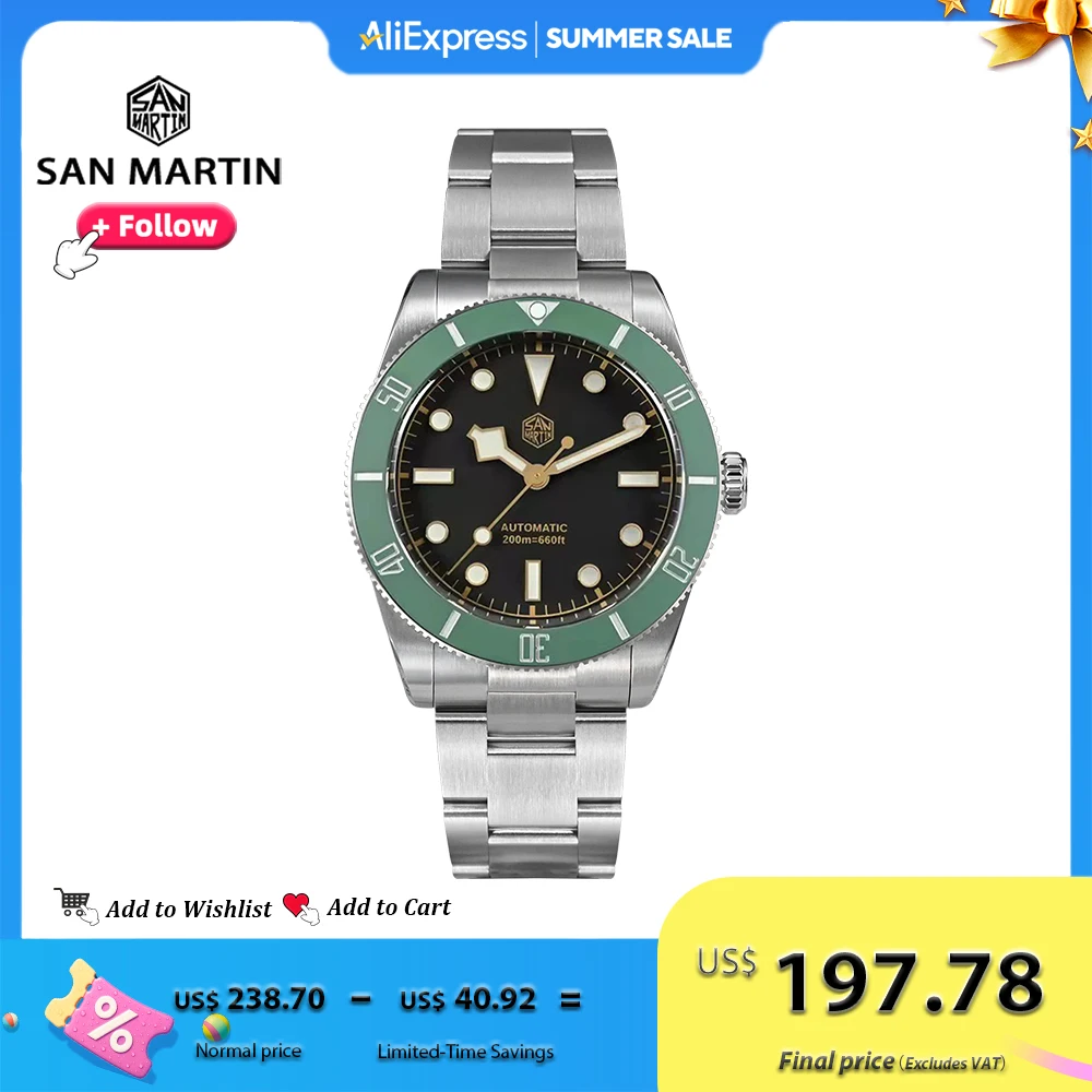 

San Martin 37mm BB54 Diver Men Timepiece Automatic Mechanical Sapphire BGW Luminous Waterproof 200m Stainless Steel Watch SN0138