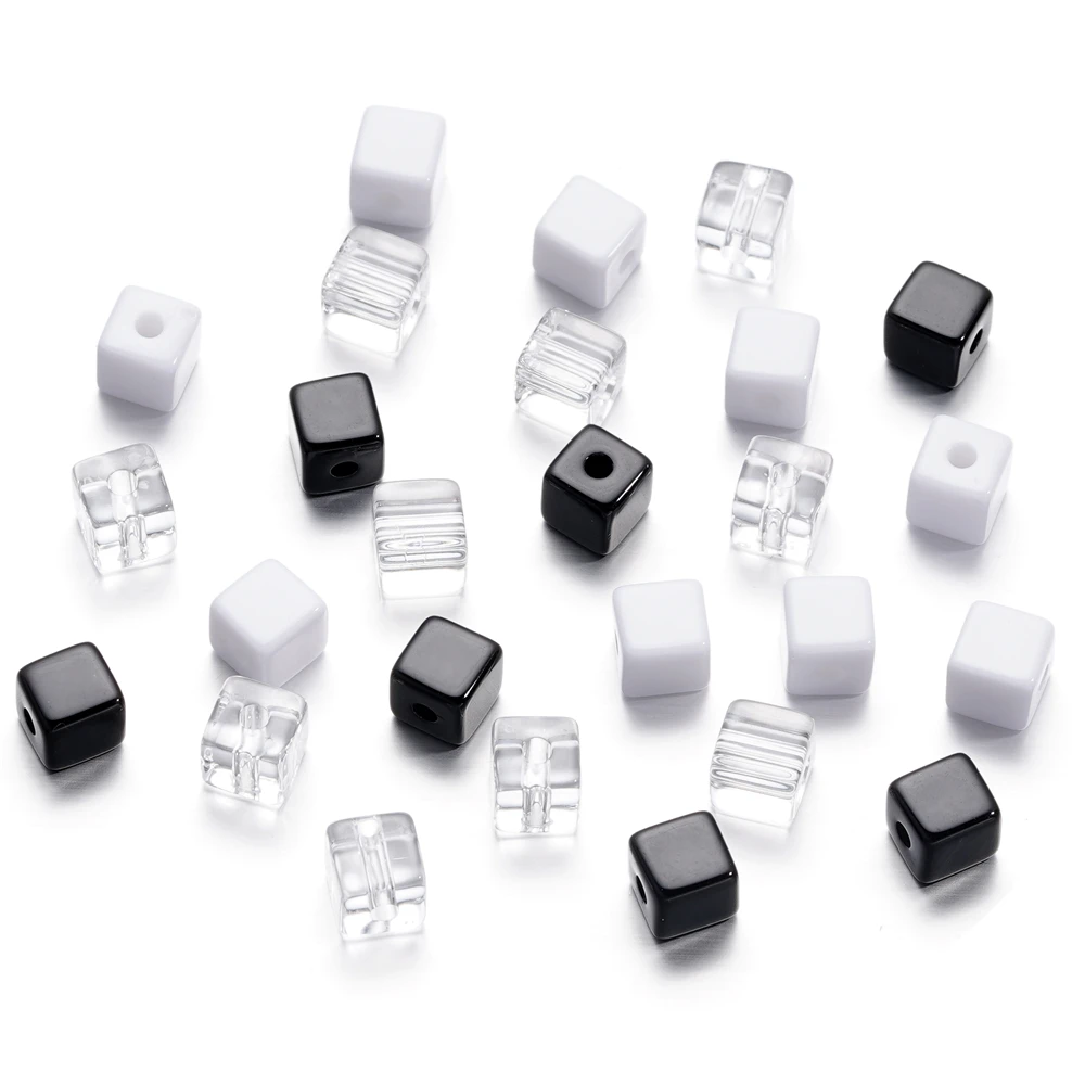 30pcs/lot 7.5mm Acrylic Square Black With White Spacer Loose Beads for Handmade DIY Necklace Bracelet Jewelry Making Supplies