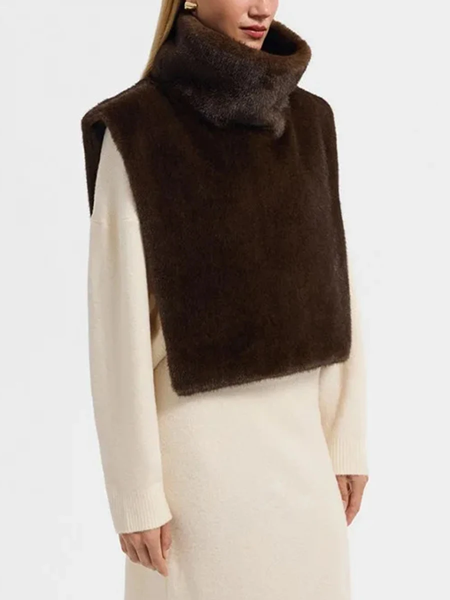 Winter Women Faux Fur Set Oversized Long Coat & Turtleneck Furry Shawl Outfit