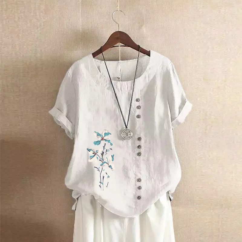 

Women Blouse Summer Retro Casual Loose Cotton Linen Short Sleeved Pullover T-shirt Lady Print Round Neck Button Shirts Tops