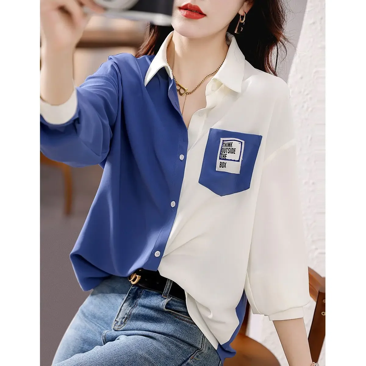 Turn-down Collar Thin Loose Pocket Button Splicing Irregular Leisure Loose All Season Women\'s Clothing 2022 Fashion Office Lady