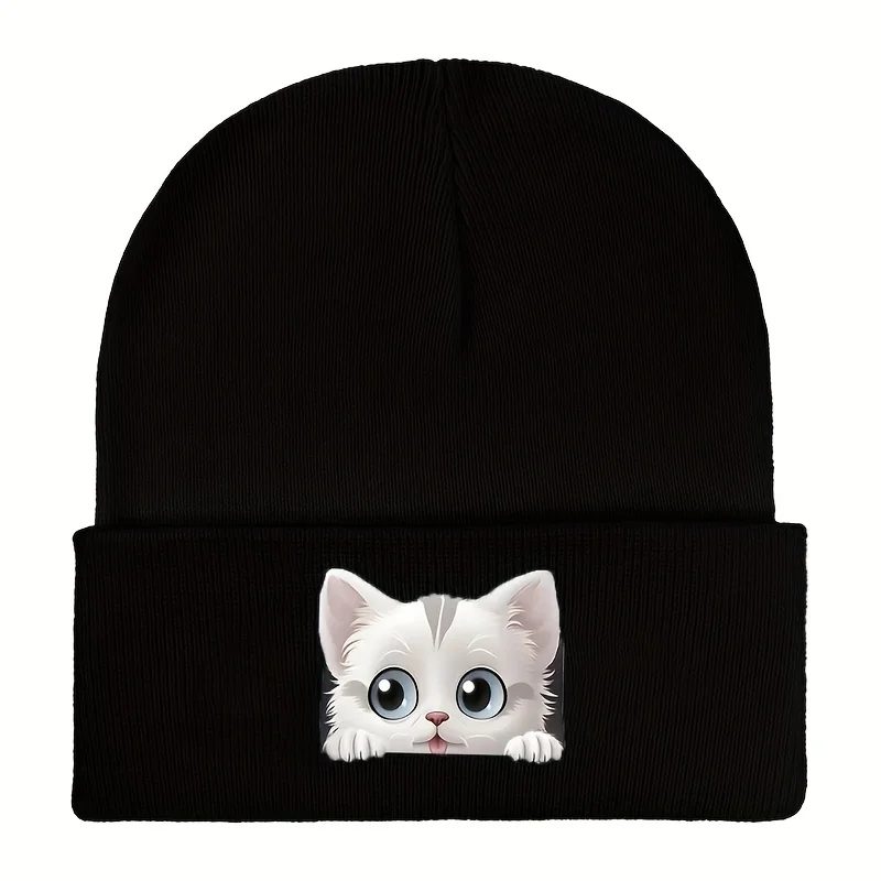 Cute Peeking White Cat Print Beanie for Women Men, Warm Lightweight Knit Cap for Autumn Winter Outdoor Casual