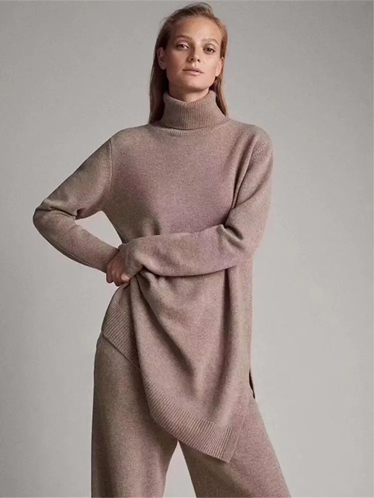 Luxury Two Pieces 45% Cashmere + 30% Wool Suits Female Turtleneck Warm Mink Cashmere Knit Tops +  Wide Leg Wool Pant Sets F688