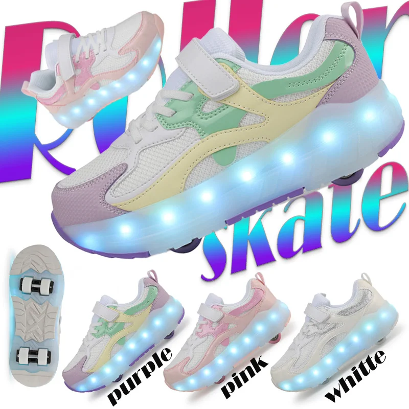 

2025 new Children's Junior Roller Skate Shoes Kids Sneakers for Boys and Girls kids 4-Wheels Shoes Led lamp Flash sport Shoes