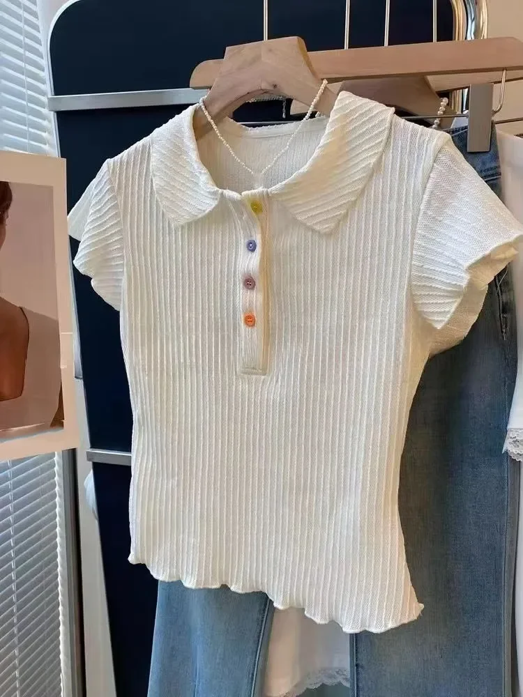 الكورية خمر أزرار ملونة التلبيب الرقبة تي شيرت عادية كل مباراة الأعلى للنساء 2025 جديد قصير الأكمام فضفاضة تيز سترة