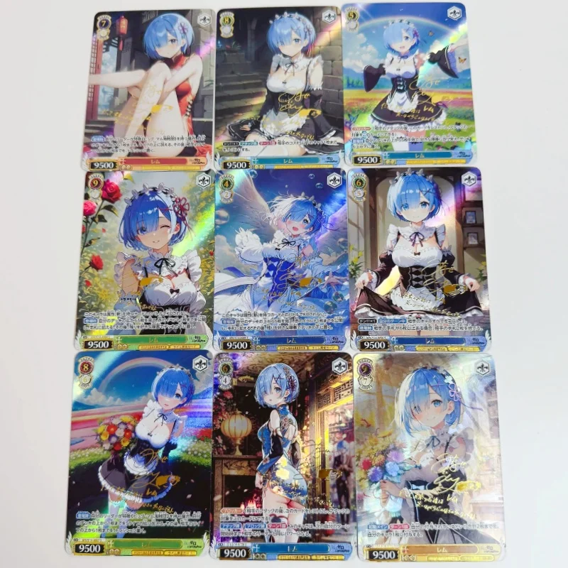 9Pcs/Set ACG Cards RE0 Rem Maid Outfit Kawaii Anime Game Characters Collection Refraction Color Flash Self Made Cards Toys Gifts