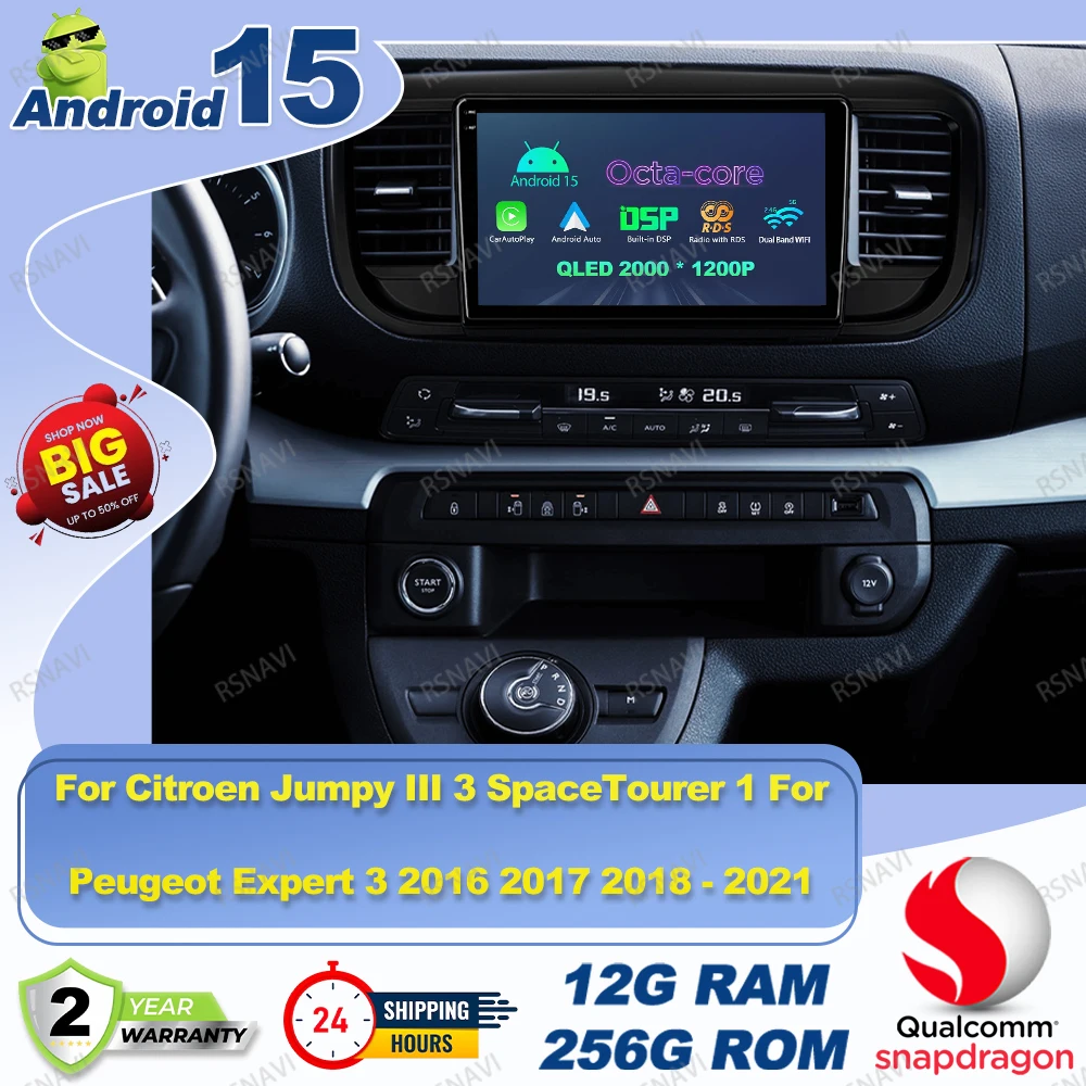 Android 15 Car Radio For Citroen Jumpy III 3 SpaceTourer 1 For Peugeot Expert 3 2016 2017 2018 - 2021 8 Core Systems 360 Camera
