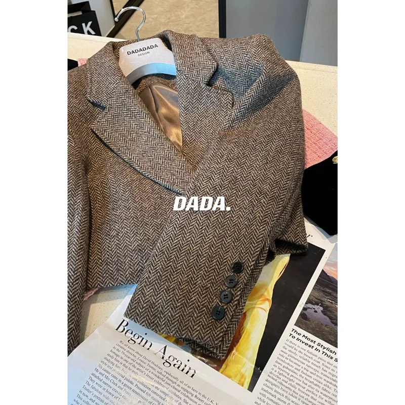 2025 Nieuwe herfst visgraat bruine tweed retro wollen korte jas damespak top met negenkwart mouwen