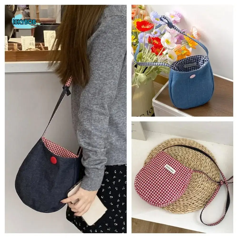 

Portable Cute Small Square Bag Plaid Demin Crossbody Phone Pouch Storage Bag Double-sided Available Grid Shoulder Bag Outdoor