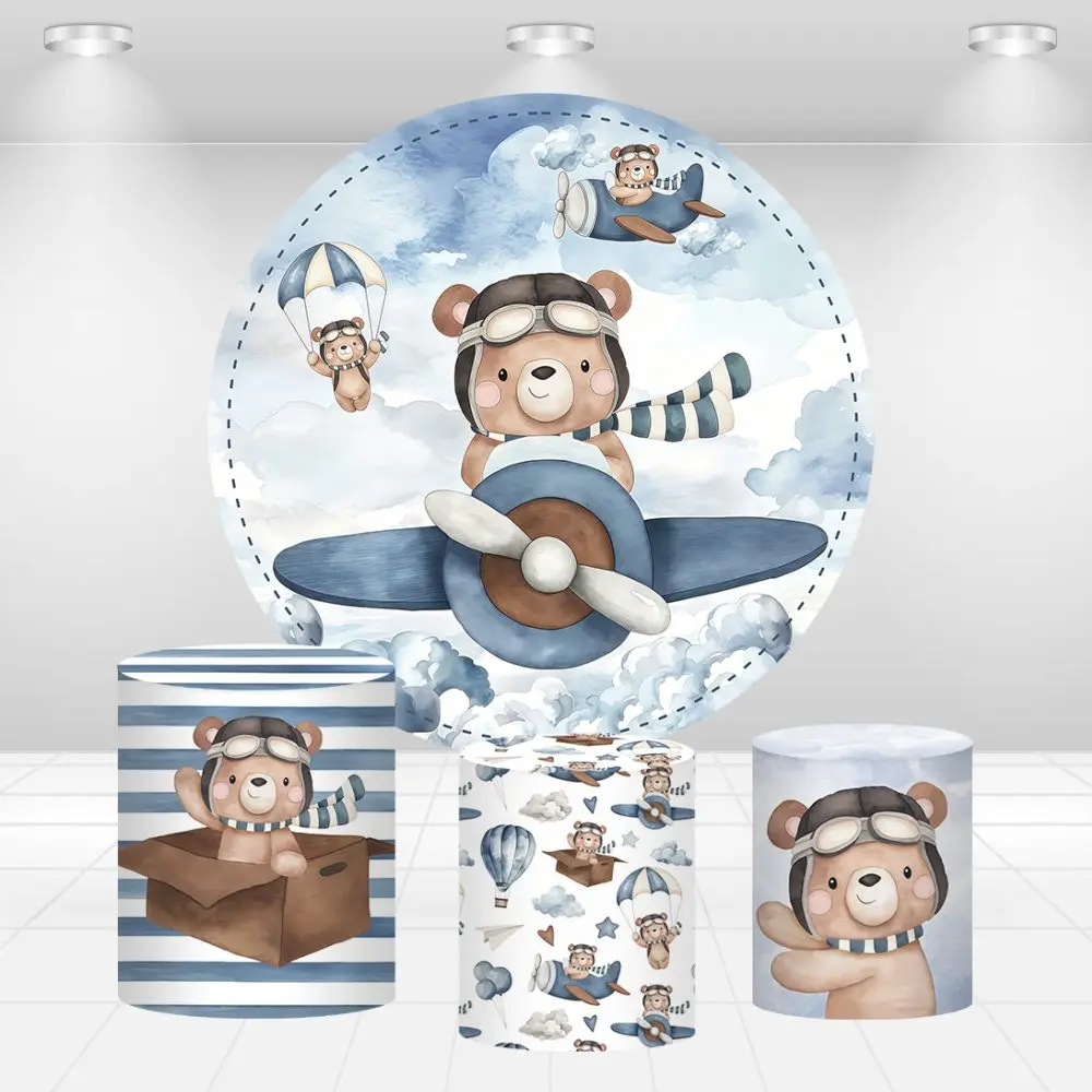 Blue Baby Pilot Bear Round Backdrop Cover Kids Birthday Baby Shower Party Decor Circle Backdrop Plinth Covers