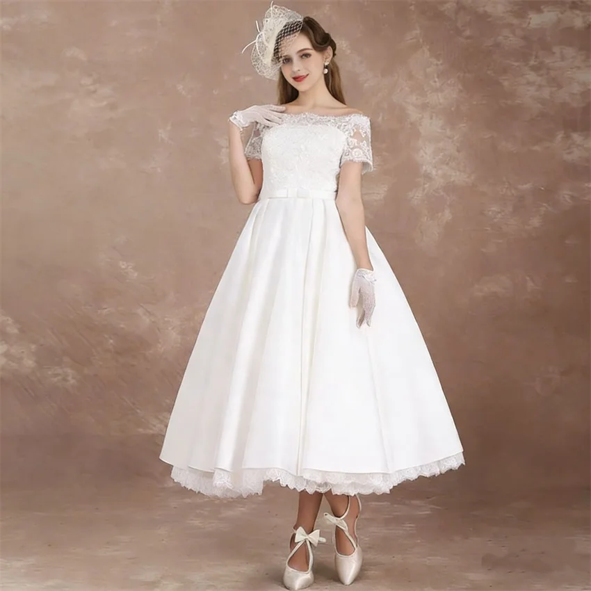 Customized Elegant Short Sleeves Midi Wedding Dresses for Women Lace Boat Neck Tea Length A-Line Bride Gowns Vestidos De Novia image 5