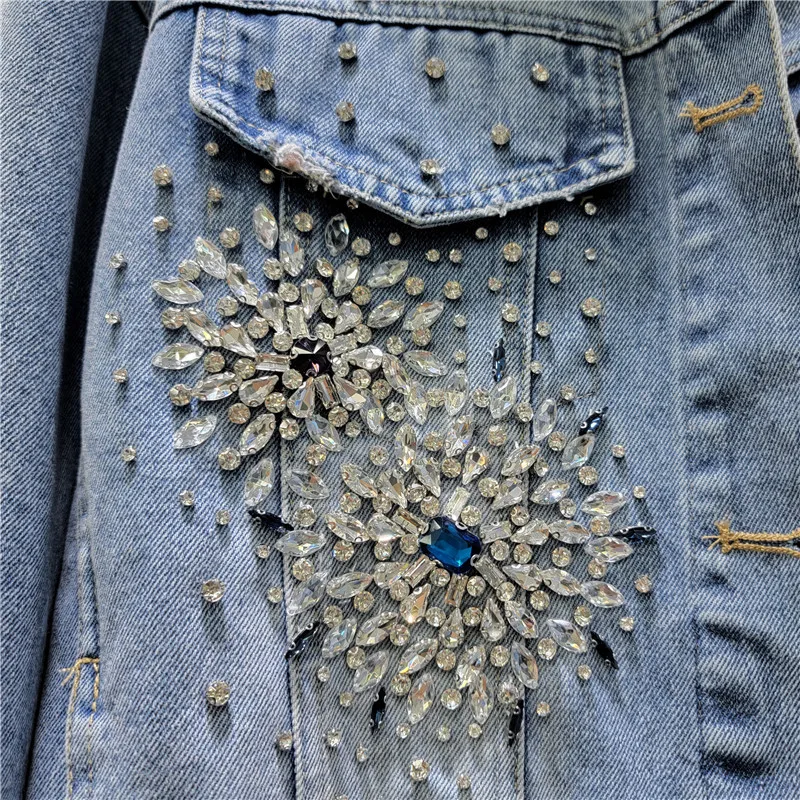 Heavy Industry Beads Diamond-Embedded Denim Coat Female 2024 Spring Autumn Street Style Loose Long Sleeve Denim Jacket Women