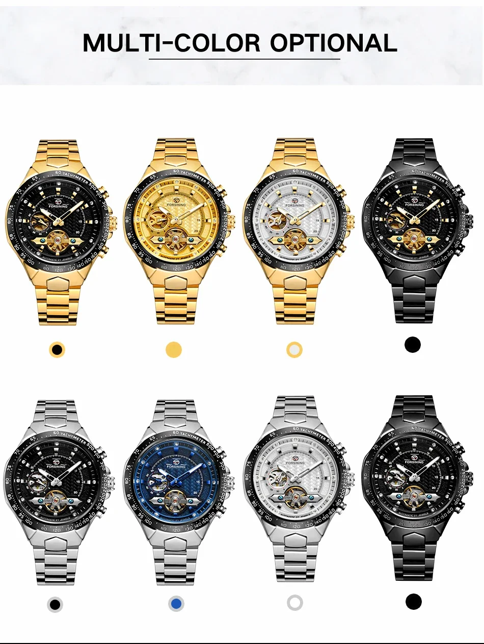 FORSINING Men's and women's watches Simple wind flywheel nail scale mechanical watch Steel strap Wrist Watch Gold watch