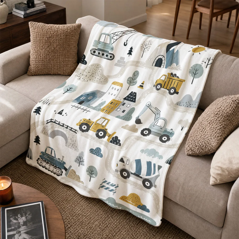 Cozy Construction Vehicle Throw Blanket for Sofa Home Decor Nursery Blueprint Art Machine Diggers Excavator Gift