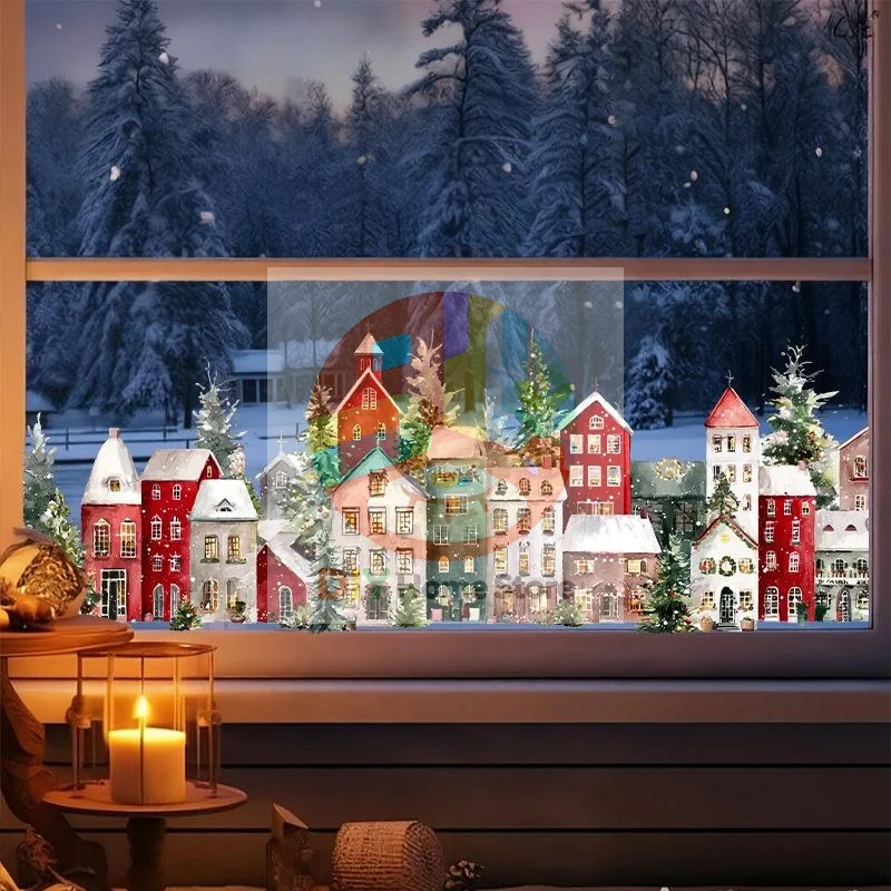 Vivid Color Watercolor Christmas Village Window Stickers Static Adhesive Reusable for Xmas Home Kids Room Window Decor