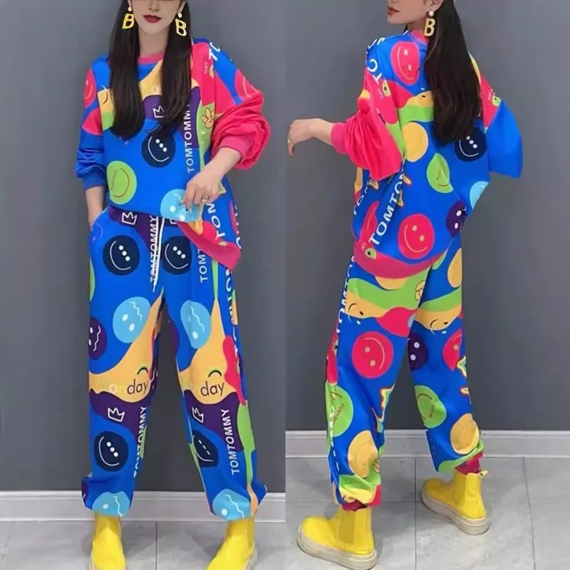 

Костюм-двойка Thailand Tide Brand 2026: Новая осенняя коллекция, модный свободный комплект из футболки с длинным рукавом и круглым вырезом и брюк с принтом для женщин