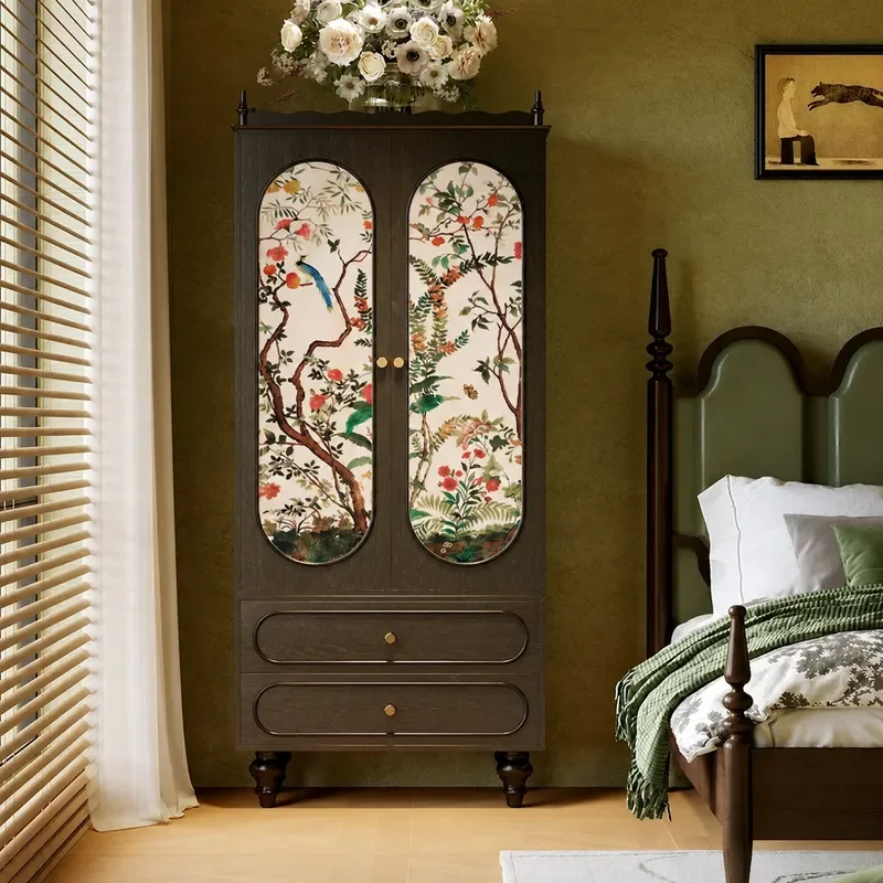 Medieval Chinese Style Flower and Bird Solid Wood Wardrobe Living Room Entrance Six Drawer Storage Cabinet Household