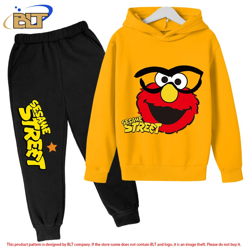 Sesame Street Children's Fleece Hoodie Set Yellow Sports Sweatshirt Pants Two-Piece Set for Boys and Girls