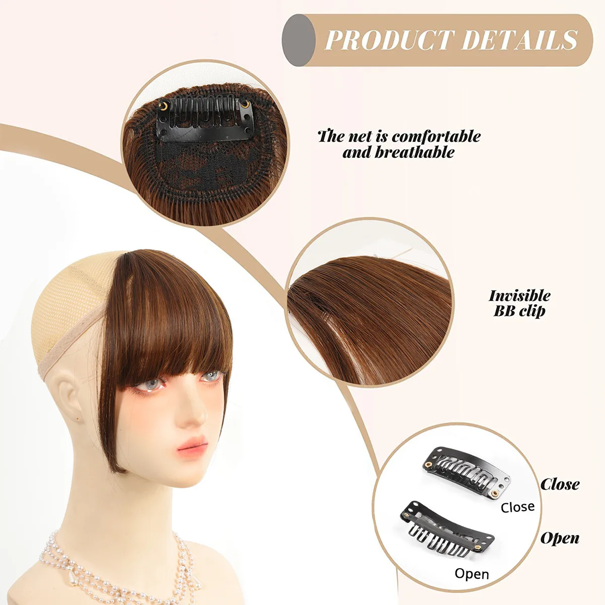 Invisible Fake Front Fringes Hairpiece for Women Synthetic Clip-in Bangs Natural Straight Hair Bangs with Temple Hair Extension