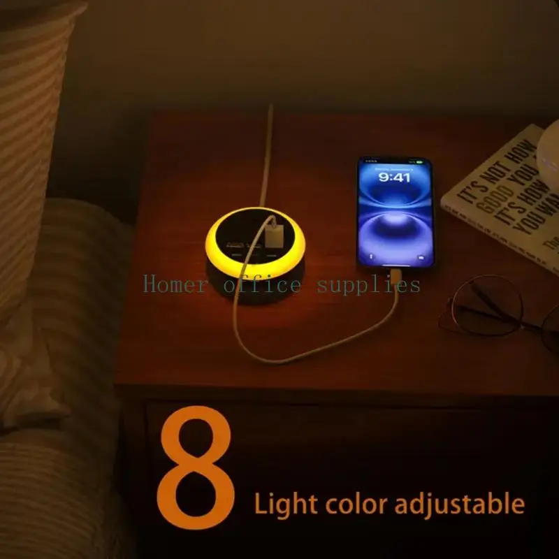 K43B Round Extension Charging Hub with 3Prong Plug, 3 USB-A and 3 USB C Port, 8 Color Night Light, 9x5cm Size