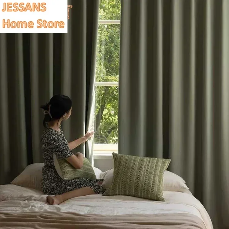 

Custom Size Rice Grain Cotton Plaid Full Blackout Plain Color Splicing Curtains Simple Sun Protection Door Screen Shutter