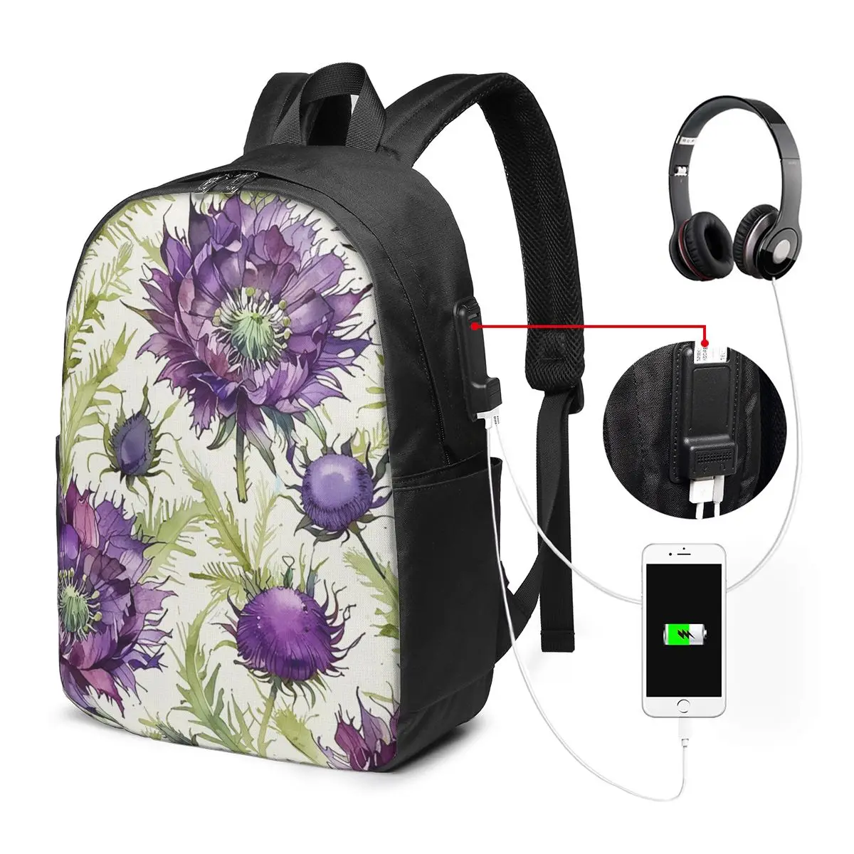 Thistle Flowers With Green Leaves Backpack Travel Notebook Bag Computer College Student School Bag Laptop Shoulder Bags