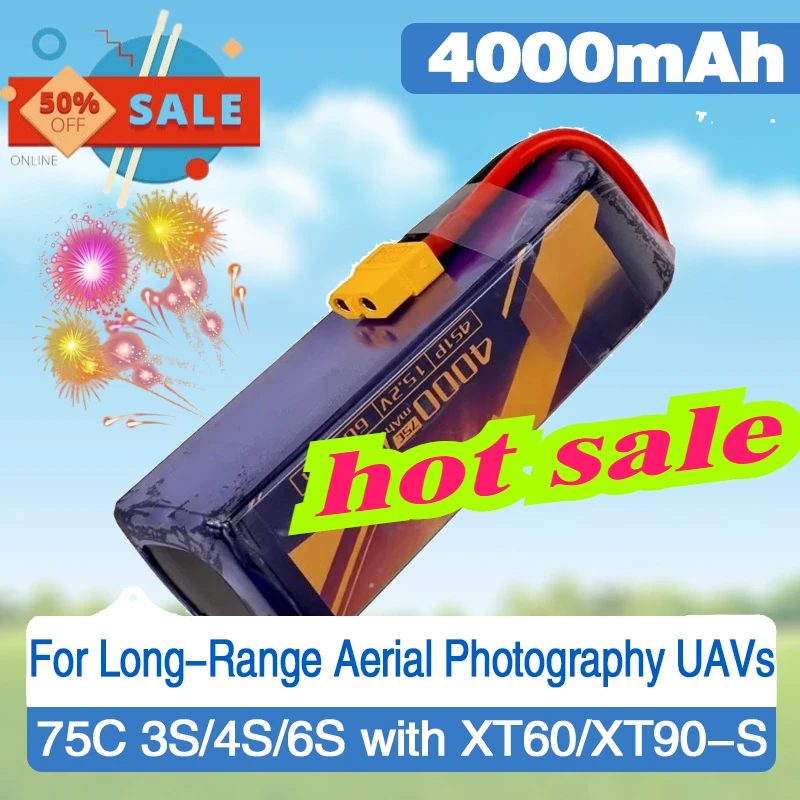 

Аккумулятор LiPo 4000 мАч 75C 2/3/4/6S с высокой токоотдачей для БПЛА для аэрофотосъемки на дальние расстояния, радиоуправляемых вертолетов с разъемами XT60/XT90-S