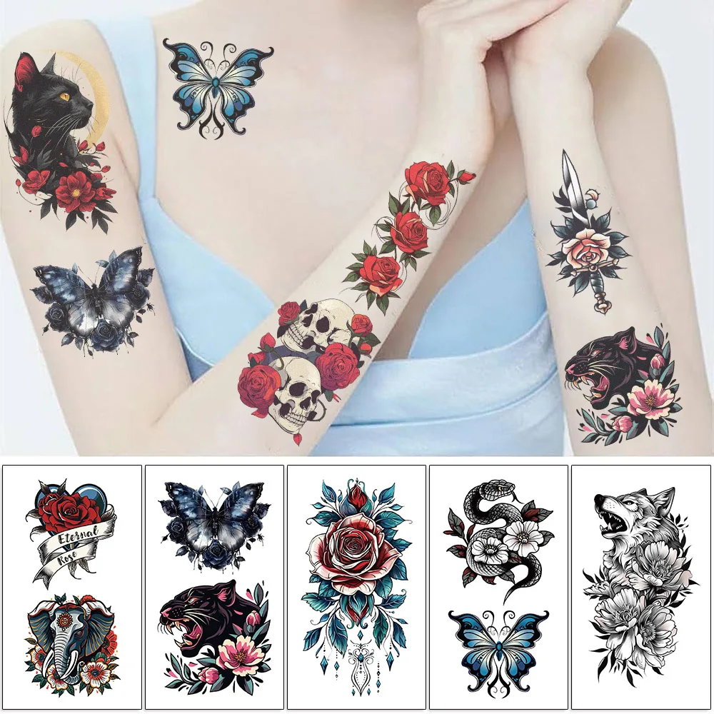 10Pcs Realistic Cool Rose Flower Temporary Tattoos Fake Waterproof Tatoo Body Art Arm Leg  Makeup Animals Tattoo Stickers