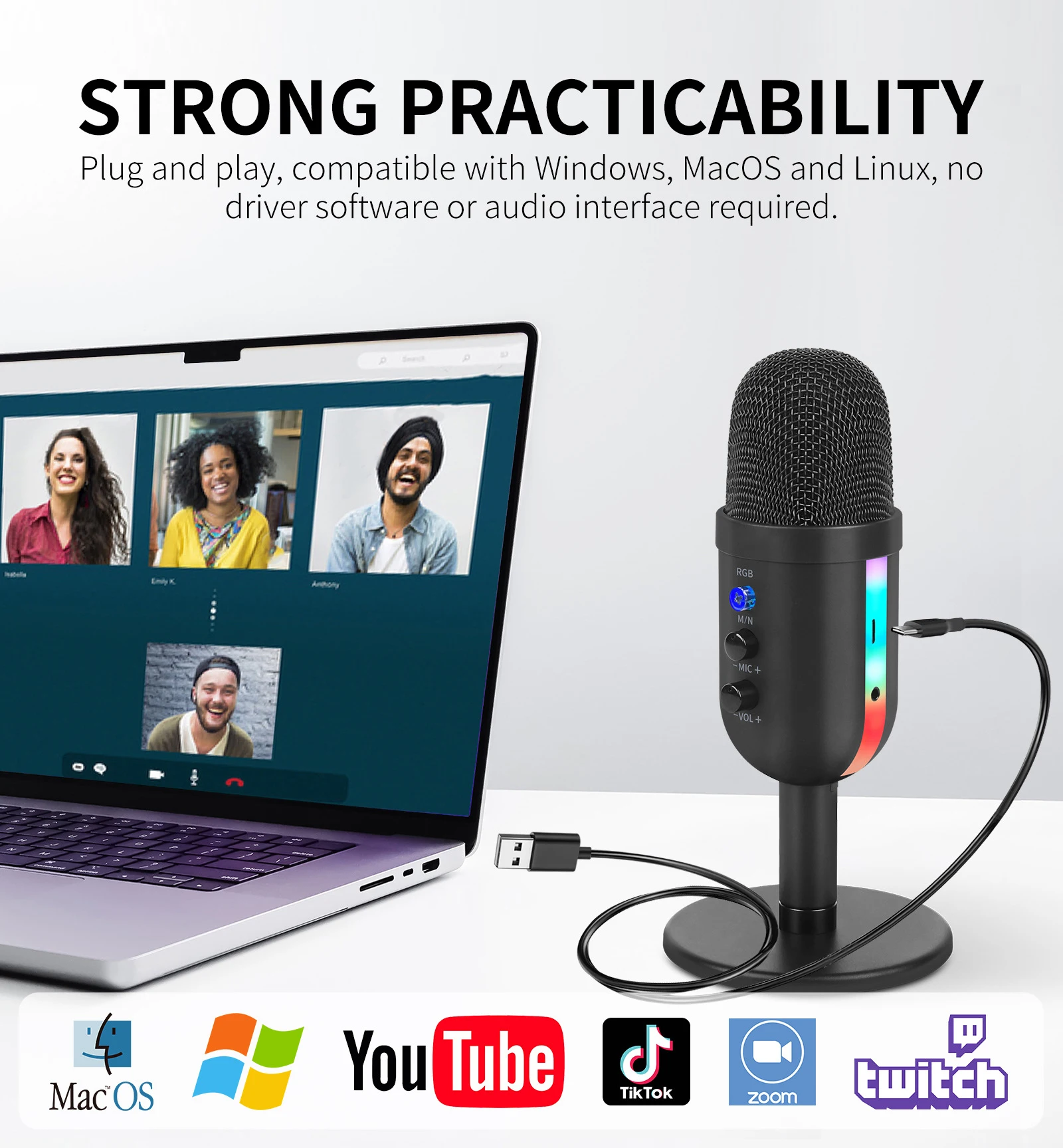 MU900 Micro Condenser Phòng Thu Âm USB Micro Cho Máy Tính Máy Tính Xem Video Trực Tuyến Chơi Game Podcast Hát Chân Đế Mic