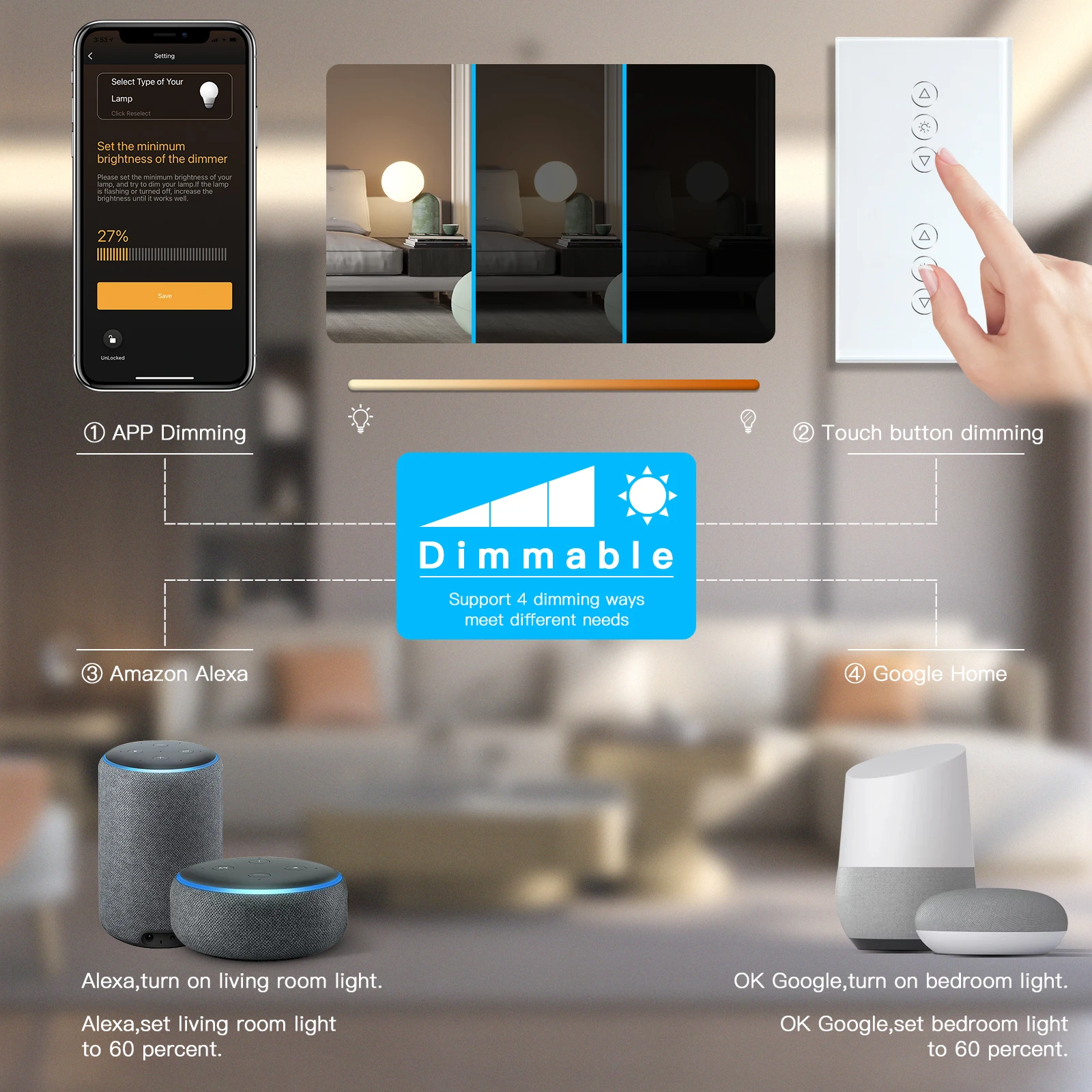 BSEED Wifi Dimmer Switch 1Gang Smart Touch Switch Up Down Tuya Smart Life App Alexa con presa a muro ue porte USB di tipo c