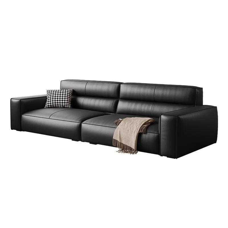 

Retro leather tofu block sofa, straight row, big black cow first layer cowhide Italian module black sofa