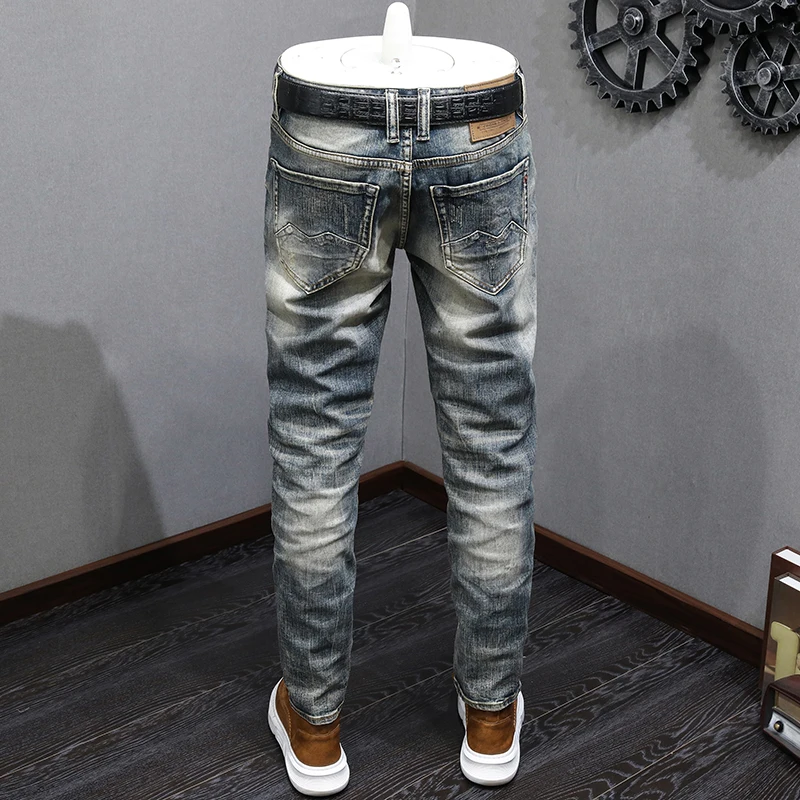 Fashion Vintage Men Jeans High Quality Retro Washed Blue Stretch Slim Fit Ripped Jeans Men Embroidery Designer Denim Pants Homme