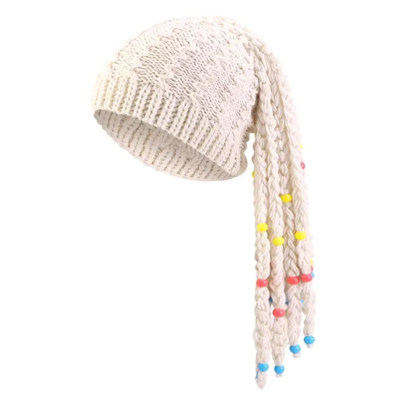 Women Boho Braided Wig Knit Hat, Bead Decor Tibetan Ethnic‑style Long Tassel Warm Beanie