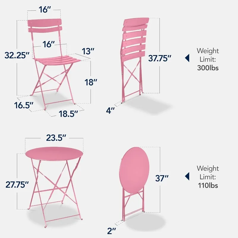 طقم بيسترو مكون من 3 قطع، تصميم قابل للطي موفر للمساحة، فولاذ صلب، طقم أثاث للفناء الخارجي مع كرسيين، صدر #2