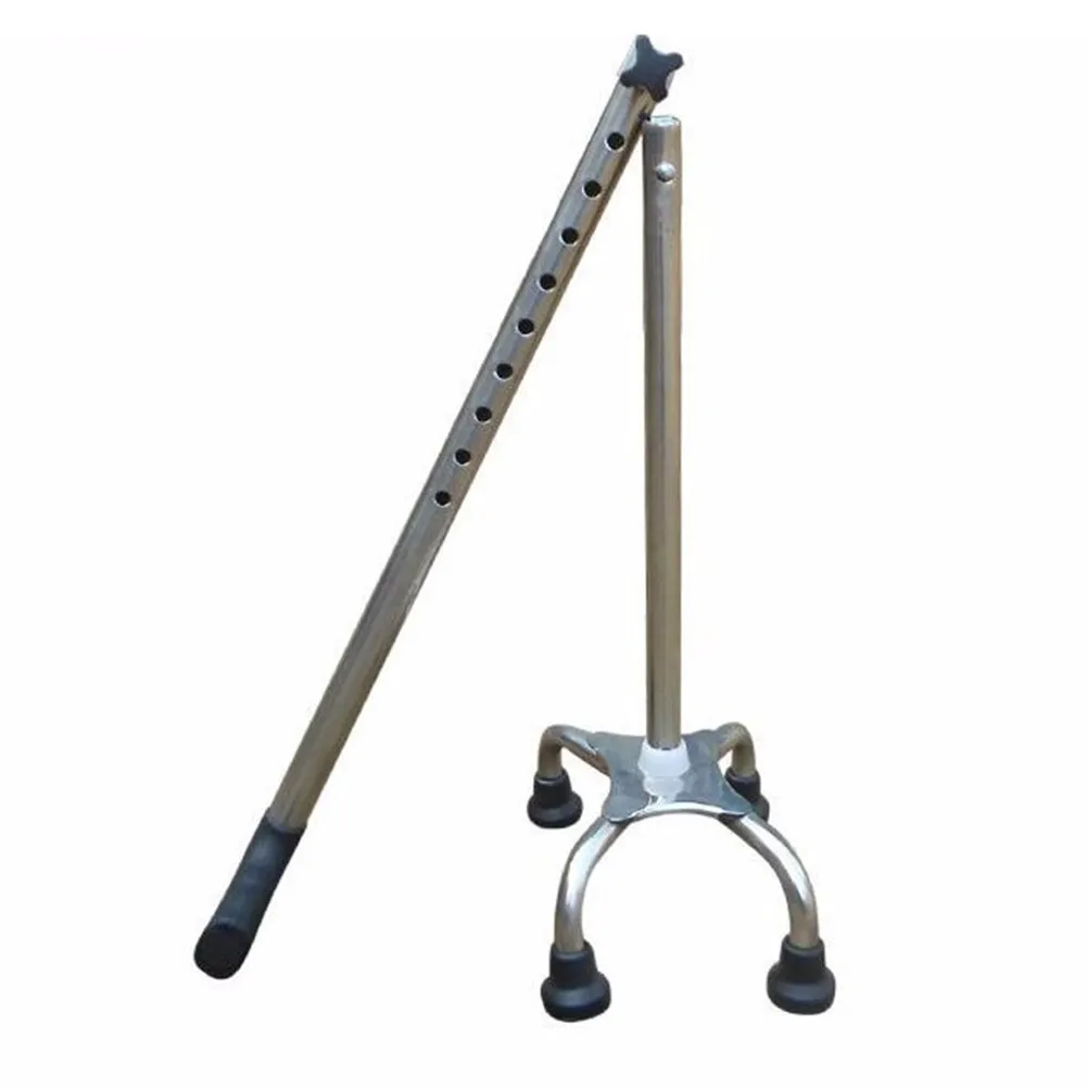 

Stainless Steel Four-Legged Walking Cane Adjustable Height Silver Crutch For Elderly Support Mobility Aid Non-Slip Rubber Tips