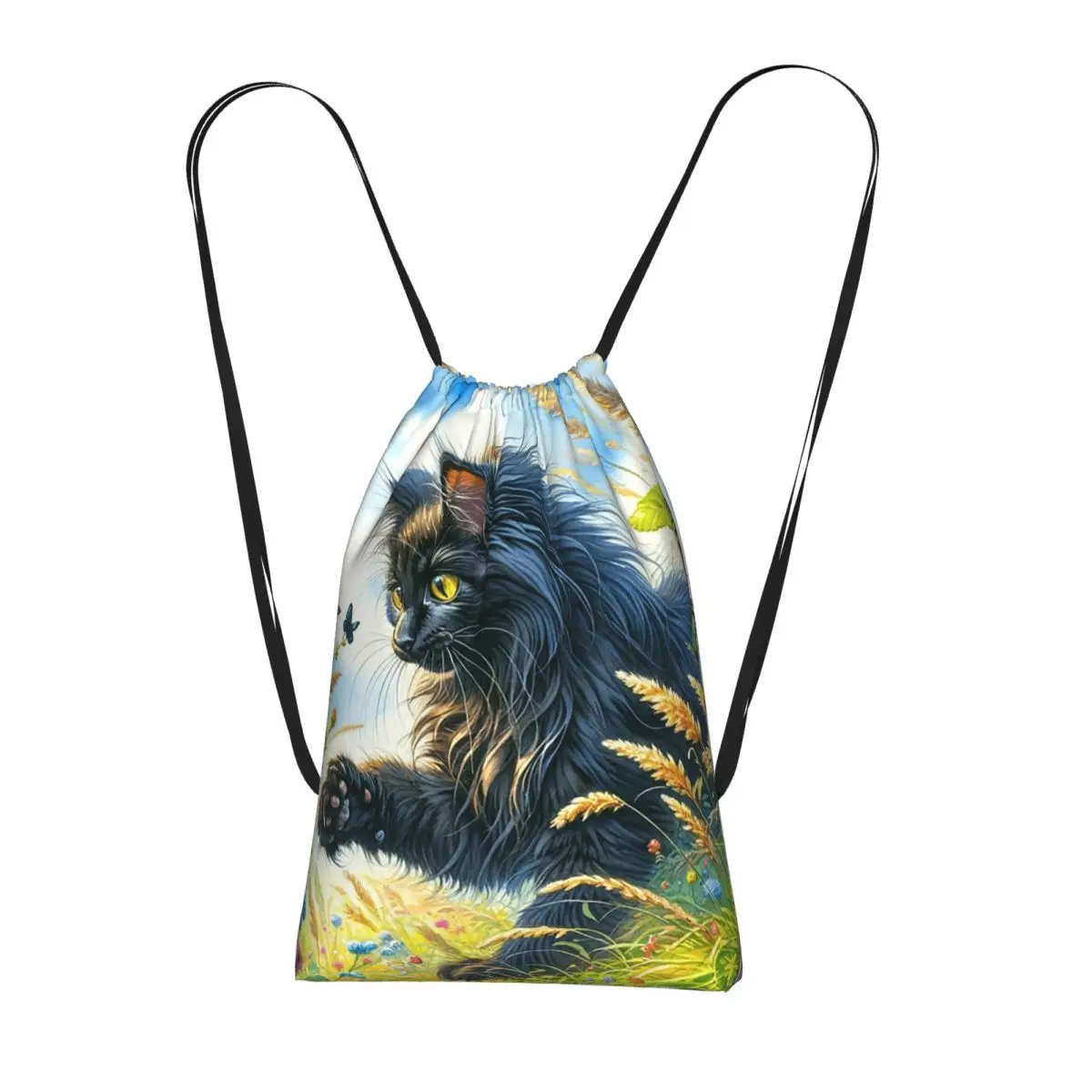 Cute Black Kitten And Butterfly Print Backpacks Portable Drawstring Bundle Pocket Sports Bag Book Bags for Man Woman Students