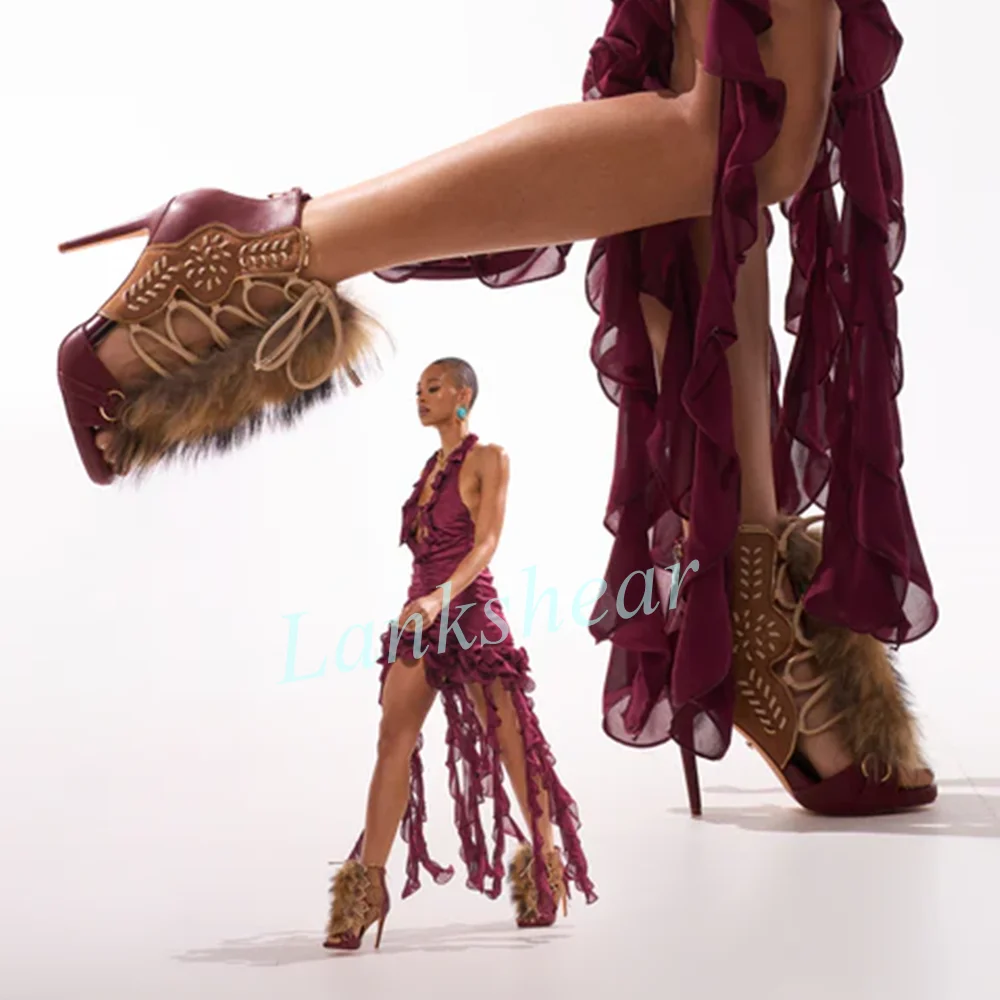 Beige Suede Cutout Lace-Up Sandal Boots Open Toe Stiletto High Heel Faux Fur Trim Western Cowgirl Burgundy Designer Footwear New
