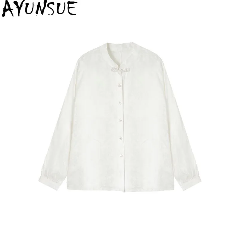 

Женские блузки и рубашки из шелка тутового шелкопряда AYUNSUE, топы с воротником-стойкой для женщин, рубашка в китайском стиле, элегантная женская одежда, Camisas