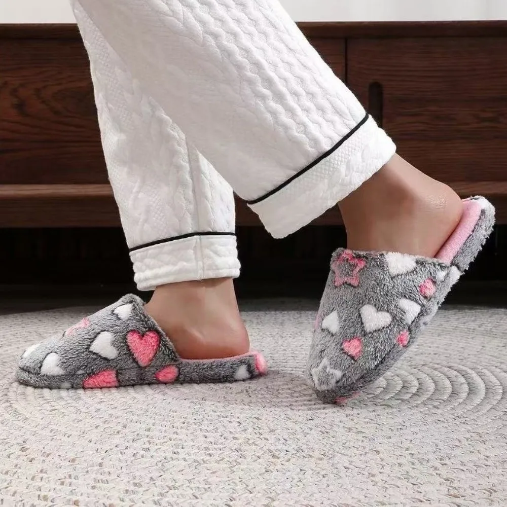 Casual Heart Plush Warm Slippers Star Thickened Winter Slippers Non-Slip Soft Soled Quiet Plush Flat Sandals Women Men