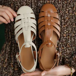 Women's sandals narrow band braided t-strap flats sandals cow leather round toe casual female 2023 summer new casual sandalias